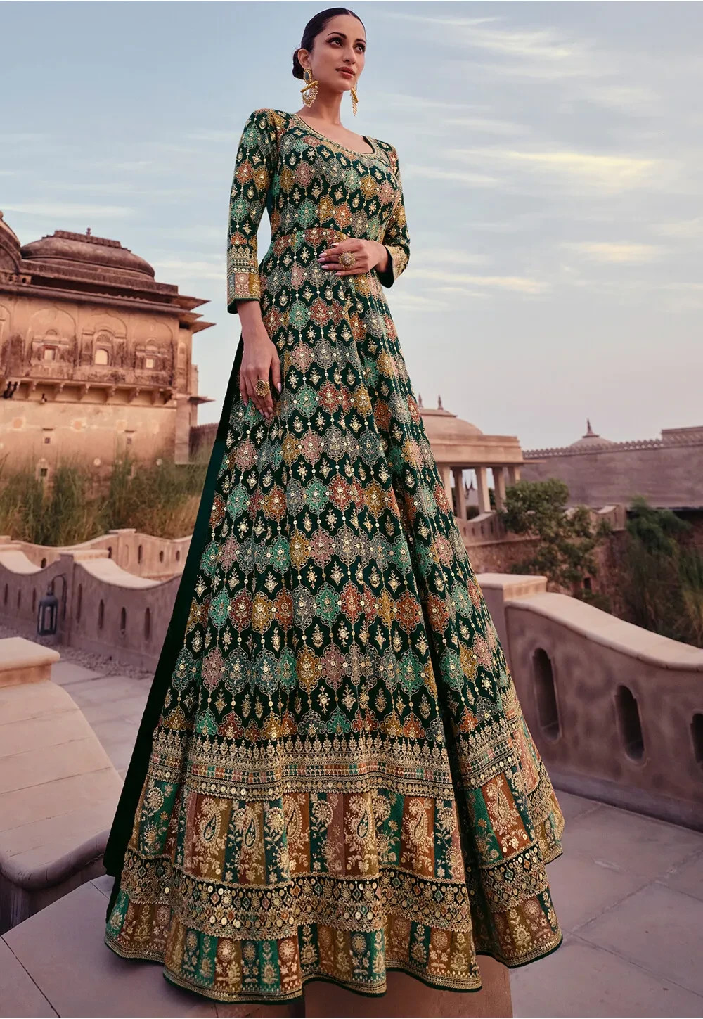 Embroidered Georgette Gown in Dark Teal Green Made in India perfect for weddings