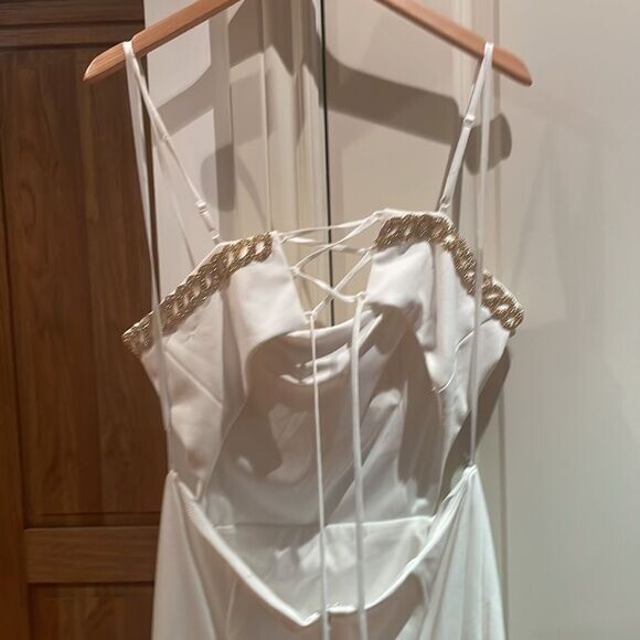 Xscape Amabella lace up long strapless scuba crepe white embelishment 16 wedding