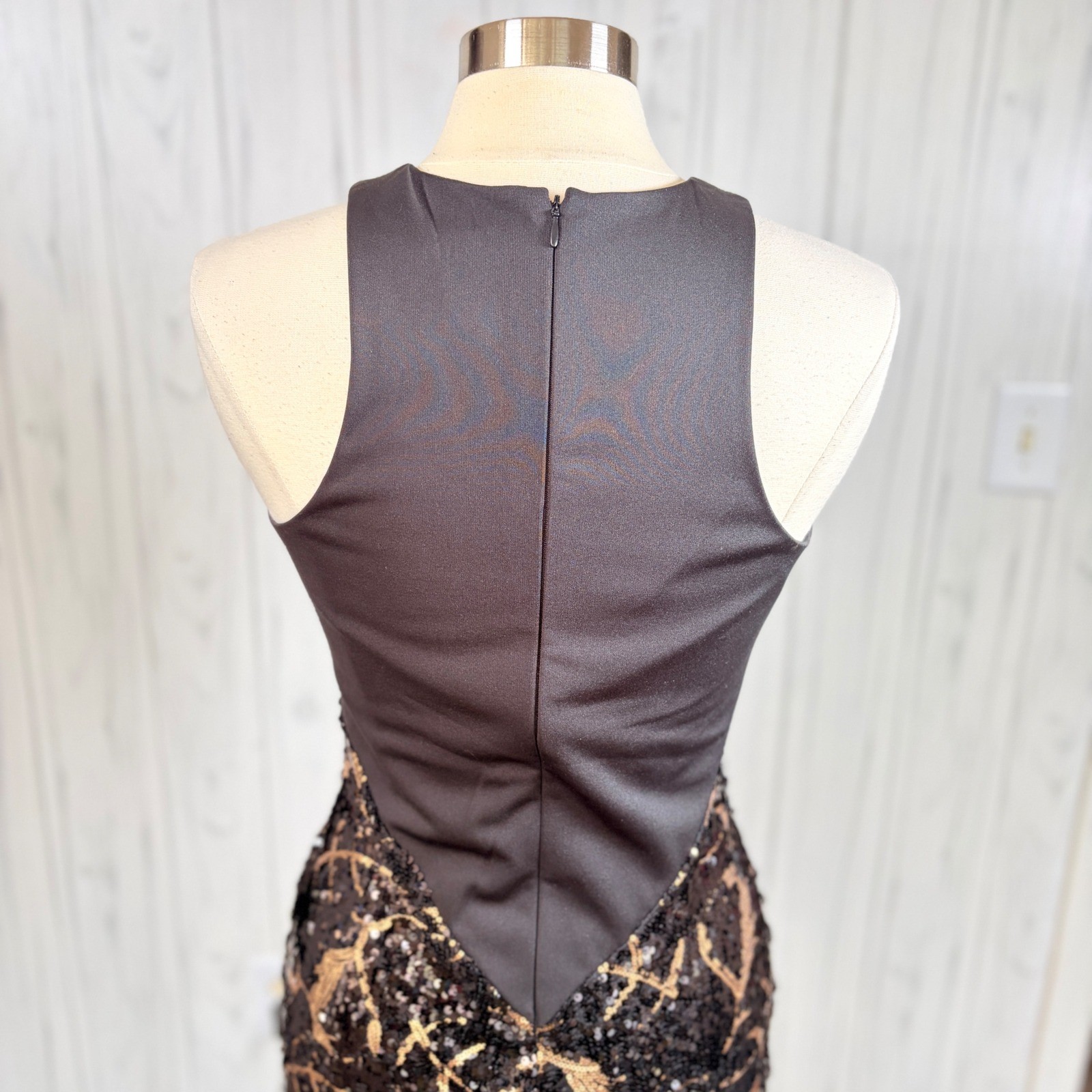 CACHE Sexy Sophistication Black & Gold Stretch Sequin Cocktail Mini Dress, MED