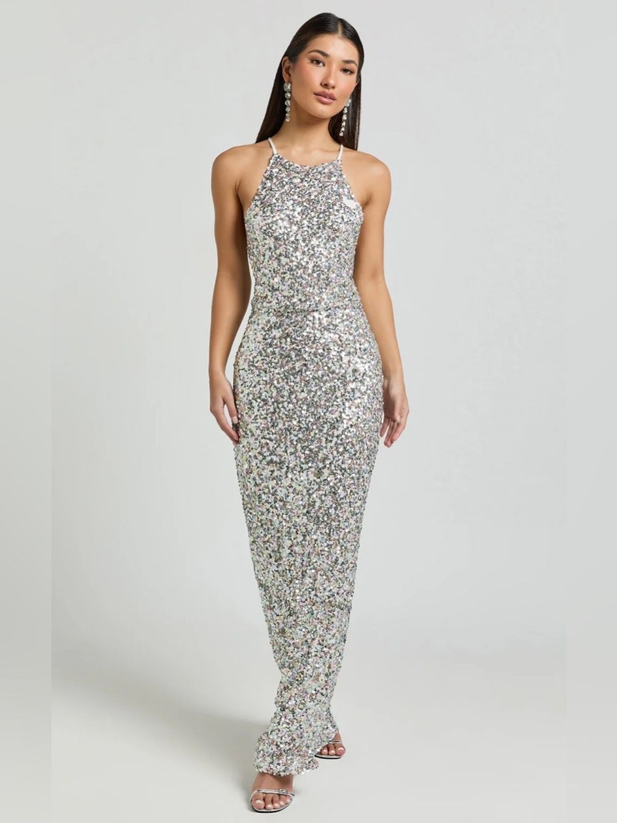 Showpo Halter Neck Cross Back Sequin Maxi Dress in Rainbow Silver