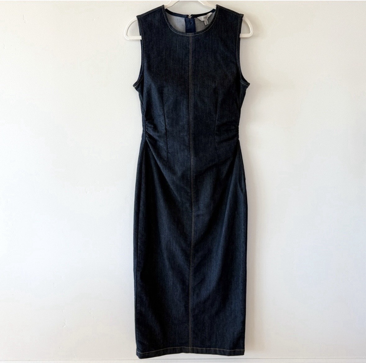 NWT Marks & Spencer Dark Indigo Denim Round Neck Ruched Midi Column Dress, SZ 14