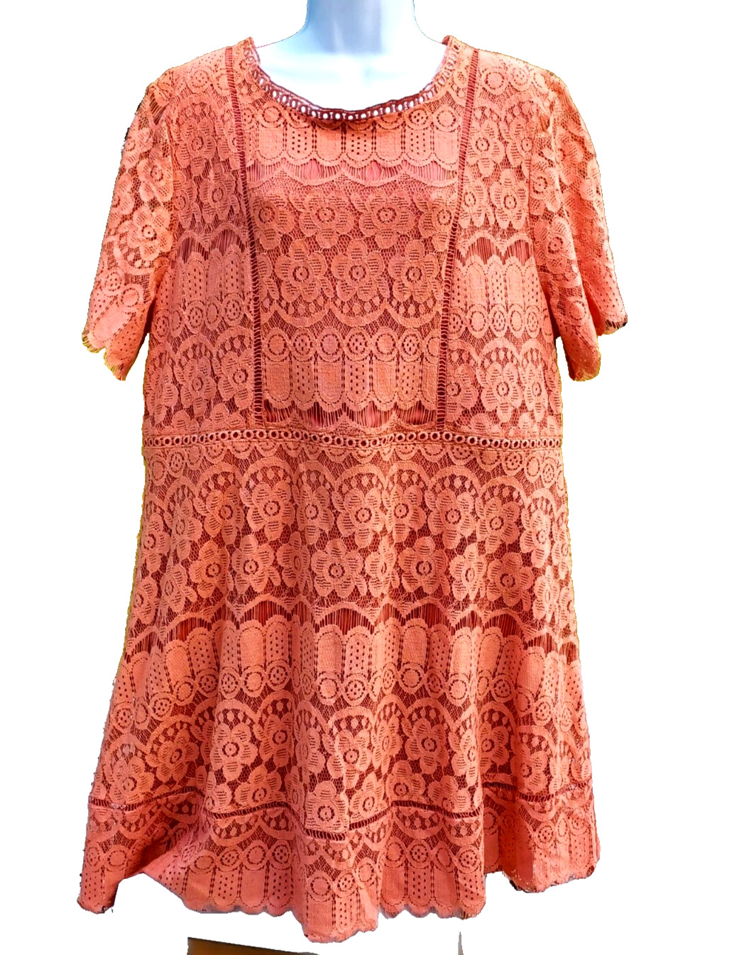 Peach Lace Short Sleeve Tunic Dress By Perch Blu Pepper 3XL With Back Zip Closur