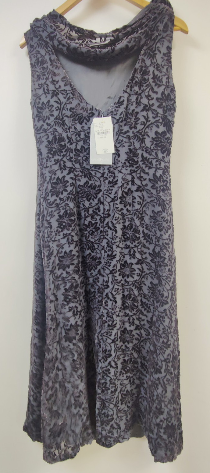 Laura Ashley Millennium 2000 Devoré Velvet Dress UK 14 Gunmetal Silver Floral