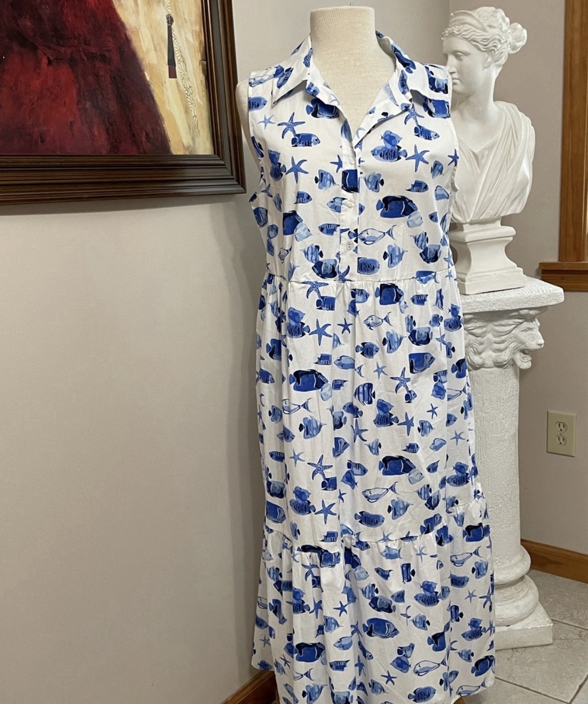 Rachel Zoe Womens L White/Blue Fish Starfish Shirt Maxi Dress Sleeveless Tiered
