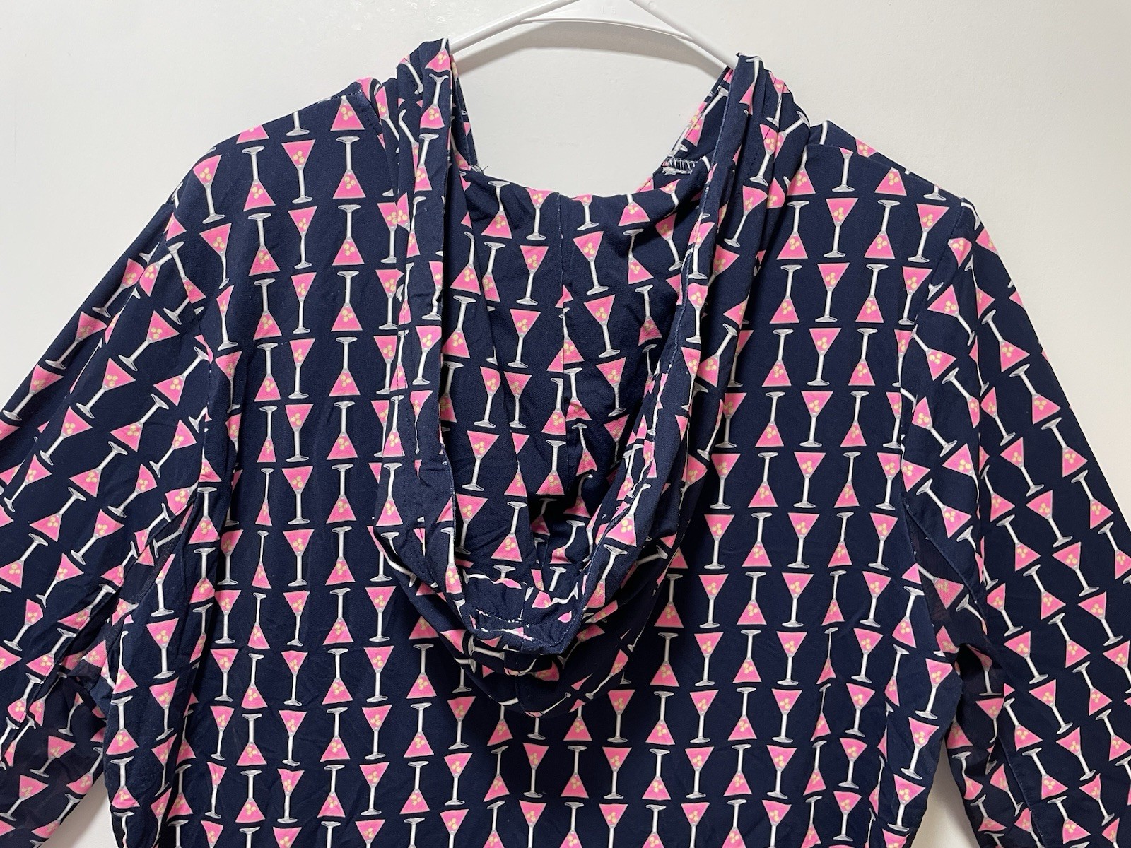 Beachtime Navy Pink Geometric Shift Dress Hood Button Collared Pockets XL