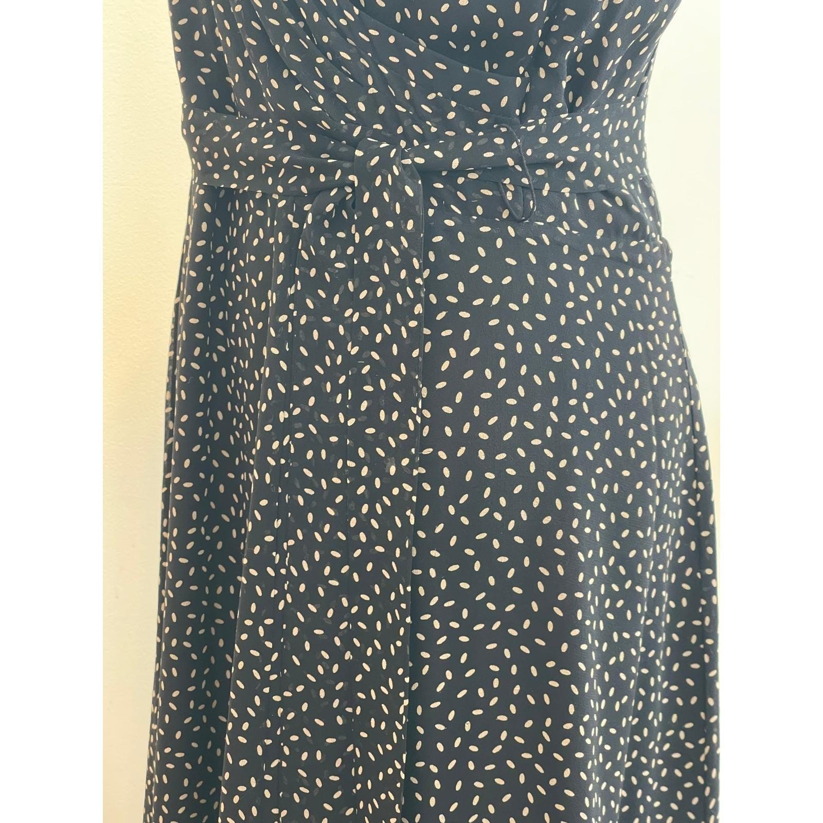 Talbots Petites Pure Silk Sleeveless Midi Wrap Dress Dot Print Black Tan Size 8P