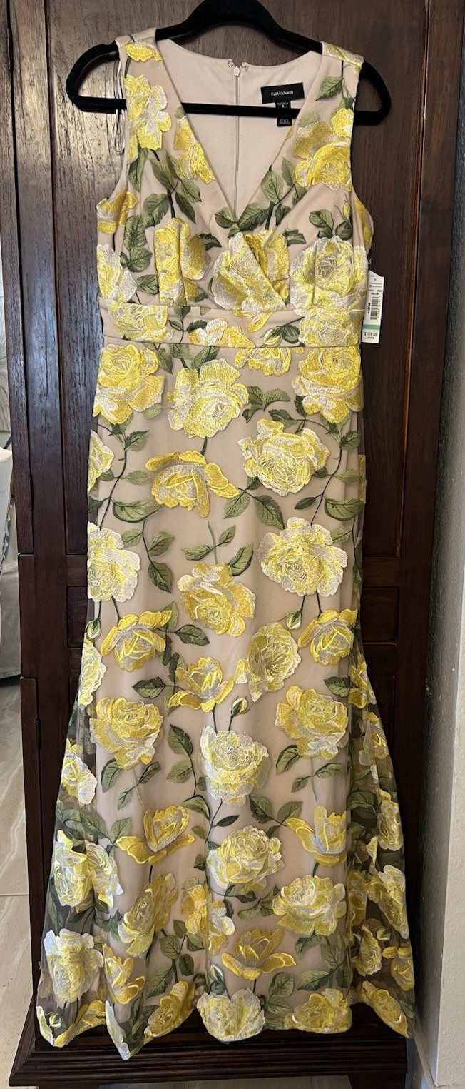 R&M Richards Women’s 8 Beige Yellow Green Floral Embroidered Mesh Long Dress