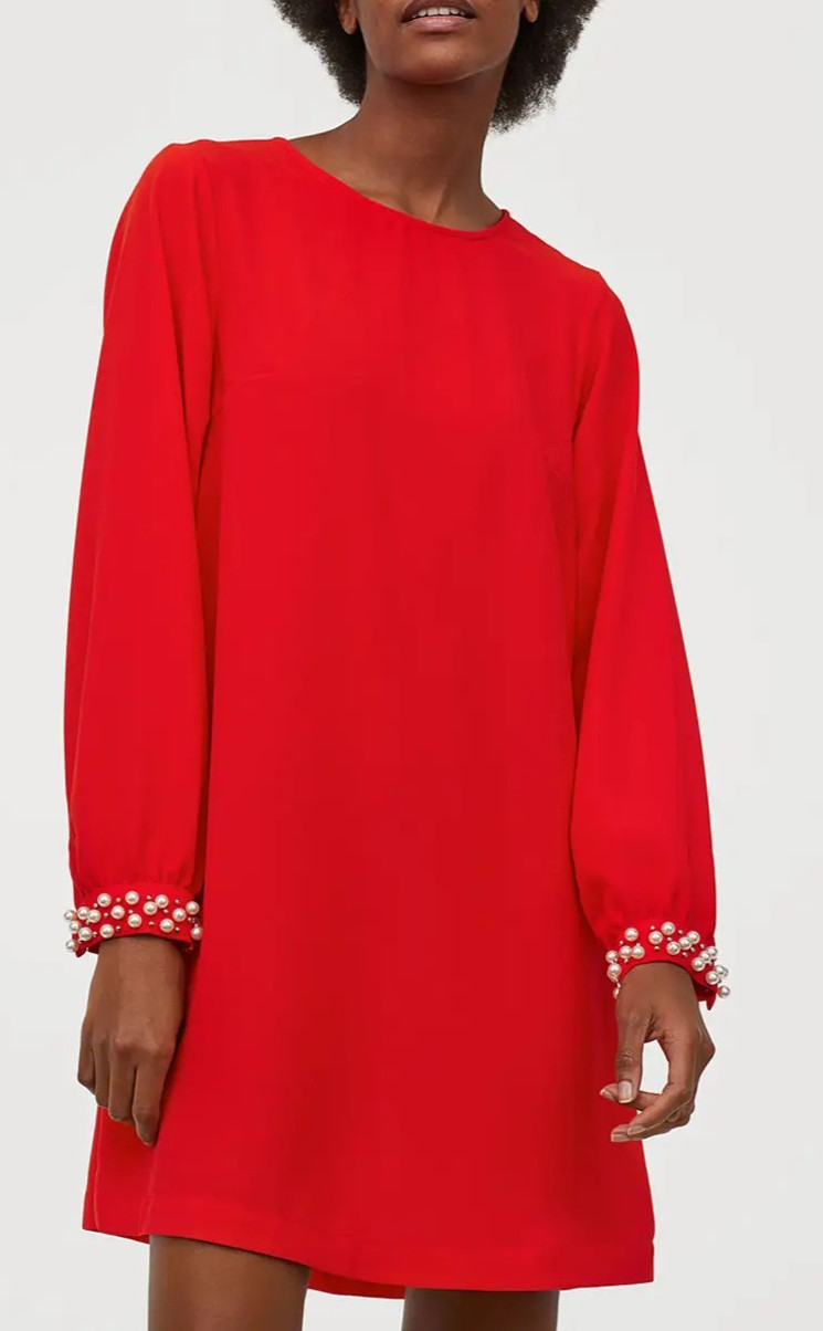 NWT H&M Women’s 12 Swing Trapeze Red Dress Short Long Sleeve Party Event Evening