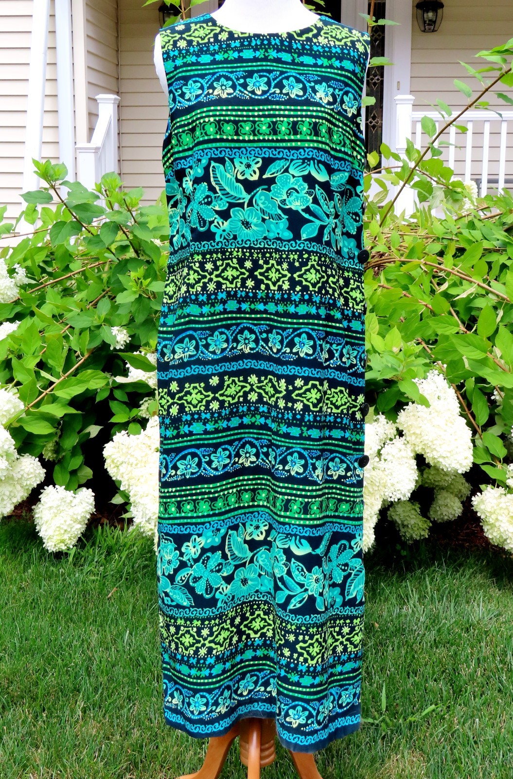 Coldwater Creek 12P Long Sleeveless Dress Blue Green Black Floral Low Side Slit