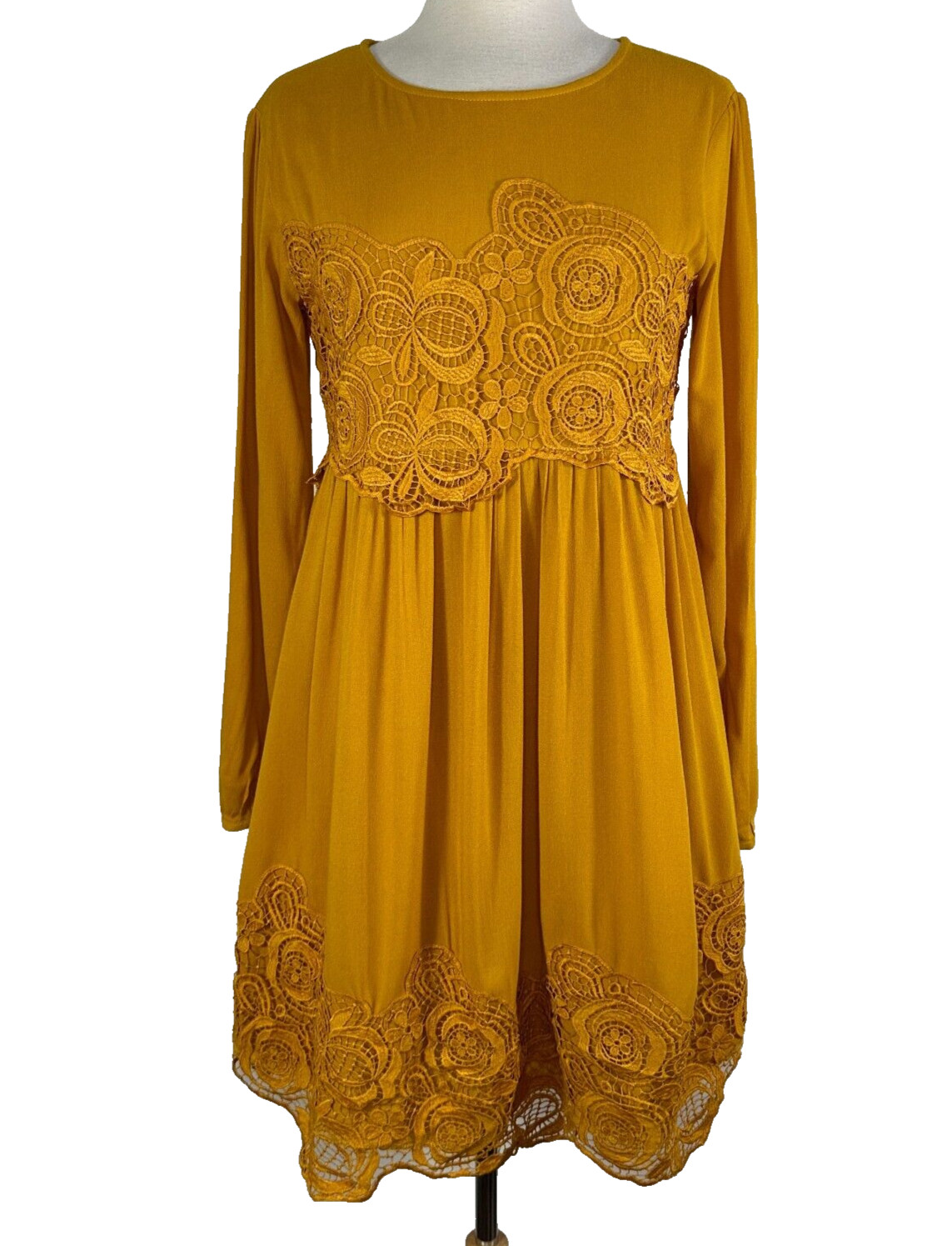 Anthropologie Maeve Sz S Mustard Yellow Lace Detail Long Sleeve Mini Dress NWT