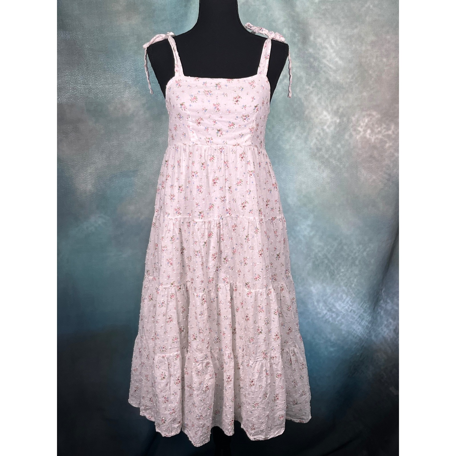 Storia Women White Floral Swiss Dot Tiered Midi Dress Tie Shoulder Straps Small