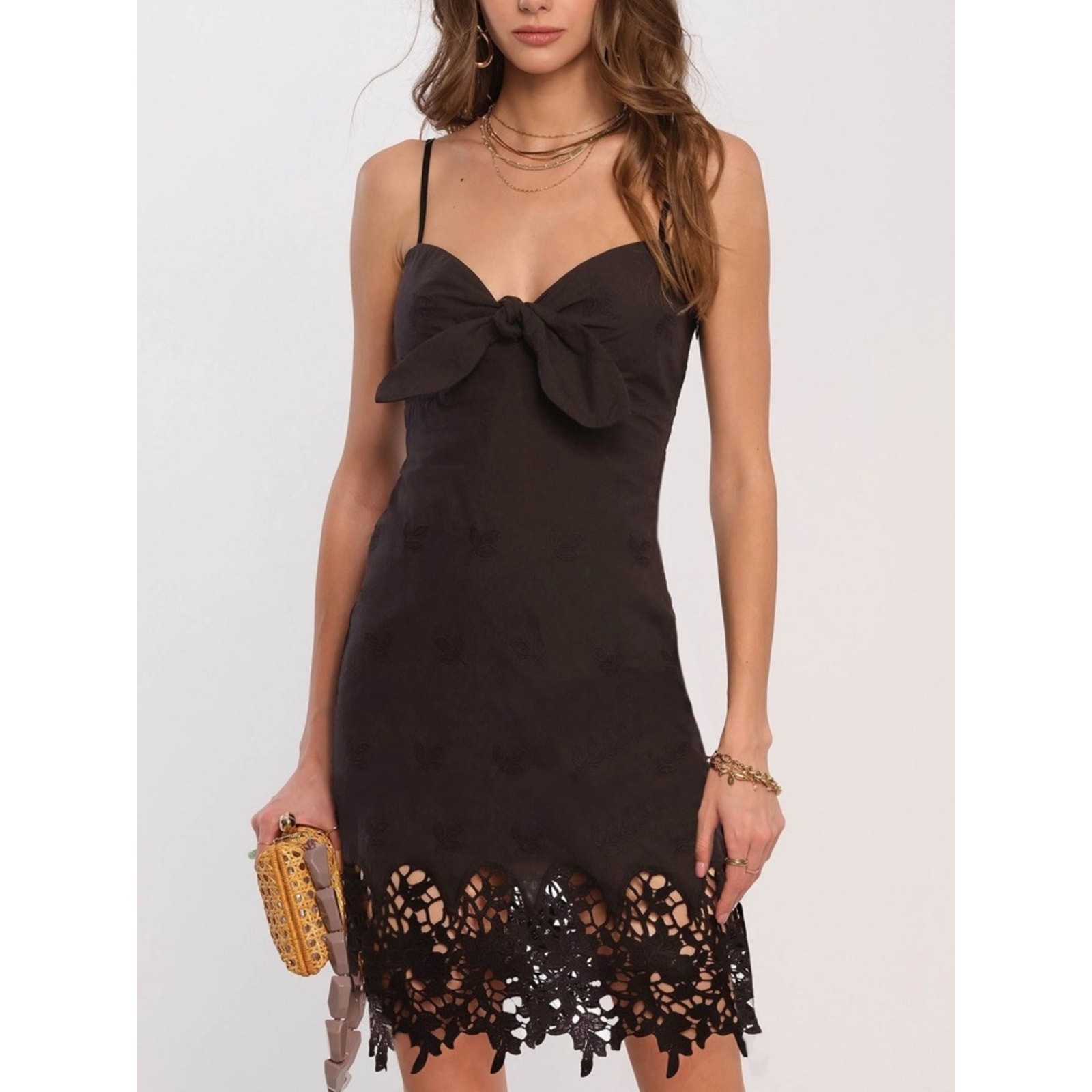 Heartloom SzS Black “Liam” Cotton Mini Dress w/ Front Bow, Lace Trim, Smock Back