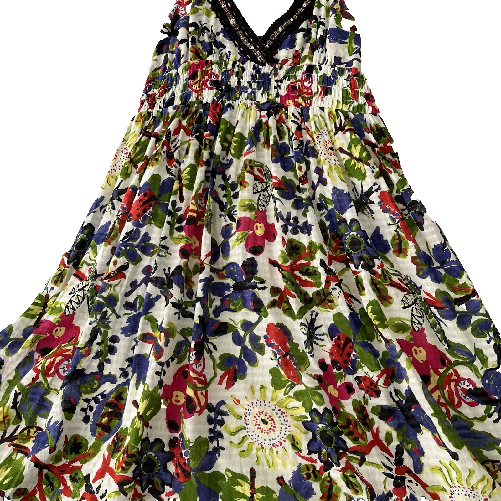 Alberto Makali Cotton Vibrant Floral Flowy Boho Maxi Ruffle Beaded Coastal Mod