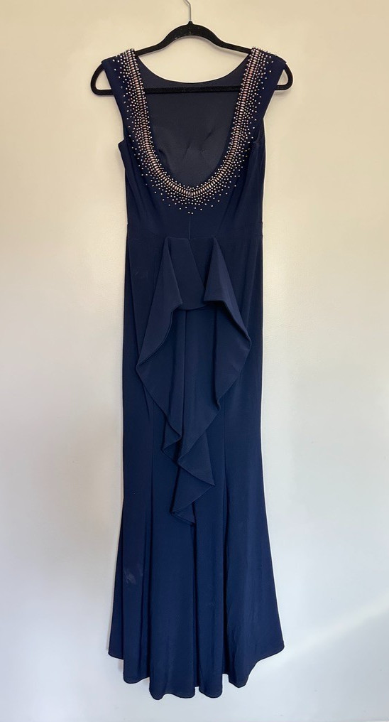 Xscape Beaded Ruffle Trumpet Hem Gown Navy Blue Mother of Bride Plunge Women’s 6