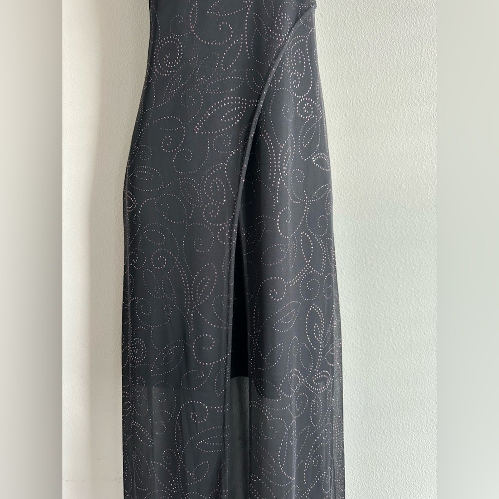 Vintage Y2K Sheer Black Glitter Maxi Dress | Mesh Overlay Slip Dress Sparkle L