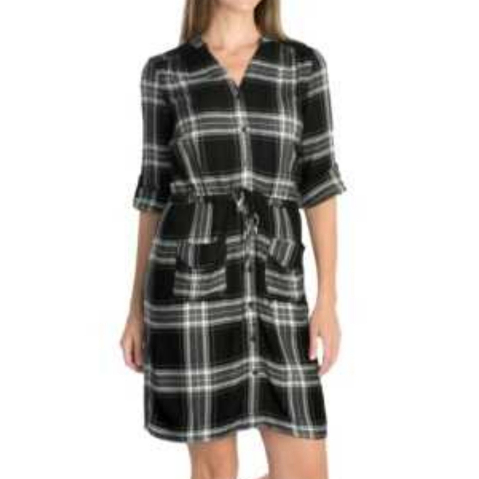 NWT Spense Black White Plaid Shirtdress Pockets Size 10 Old Money Quiet Luxury