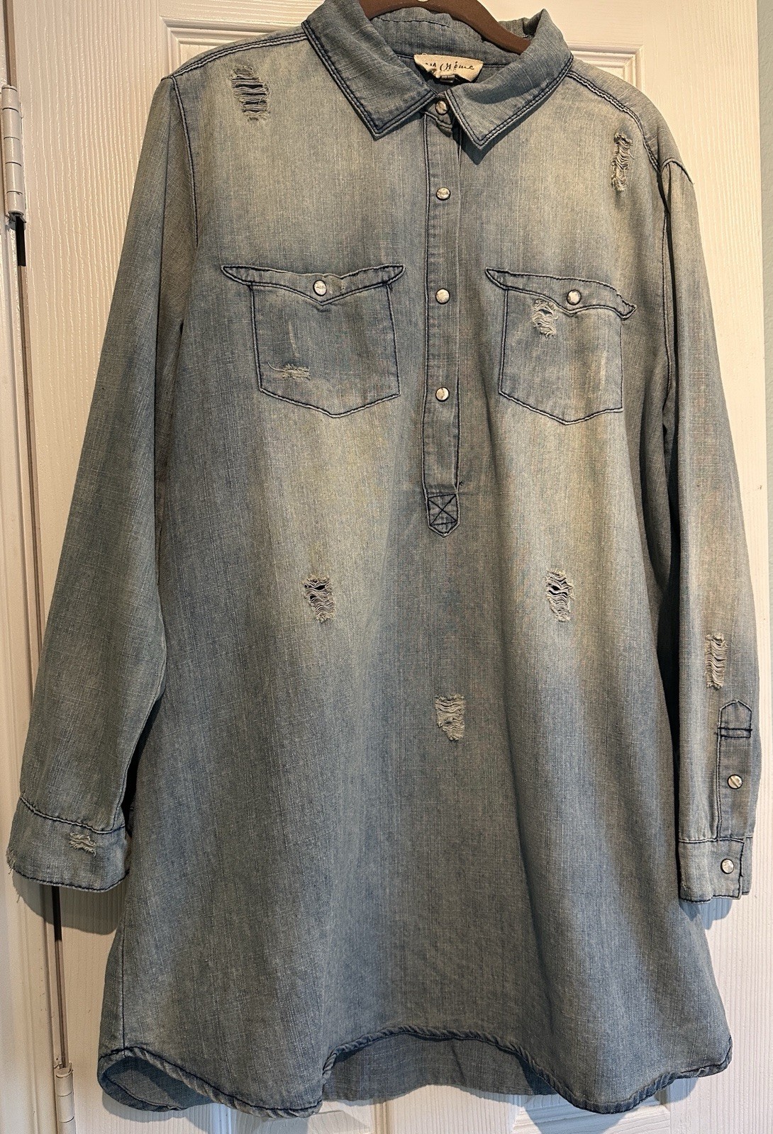En Creme Women’s Denim Shirt Dress Blue Distressed Long Sleeve Button Front L