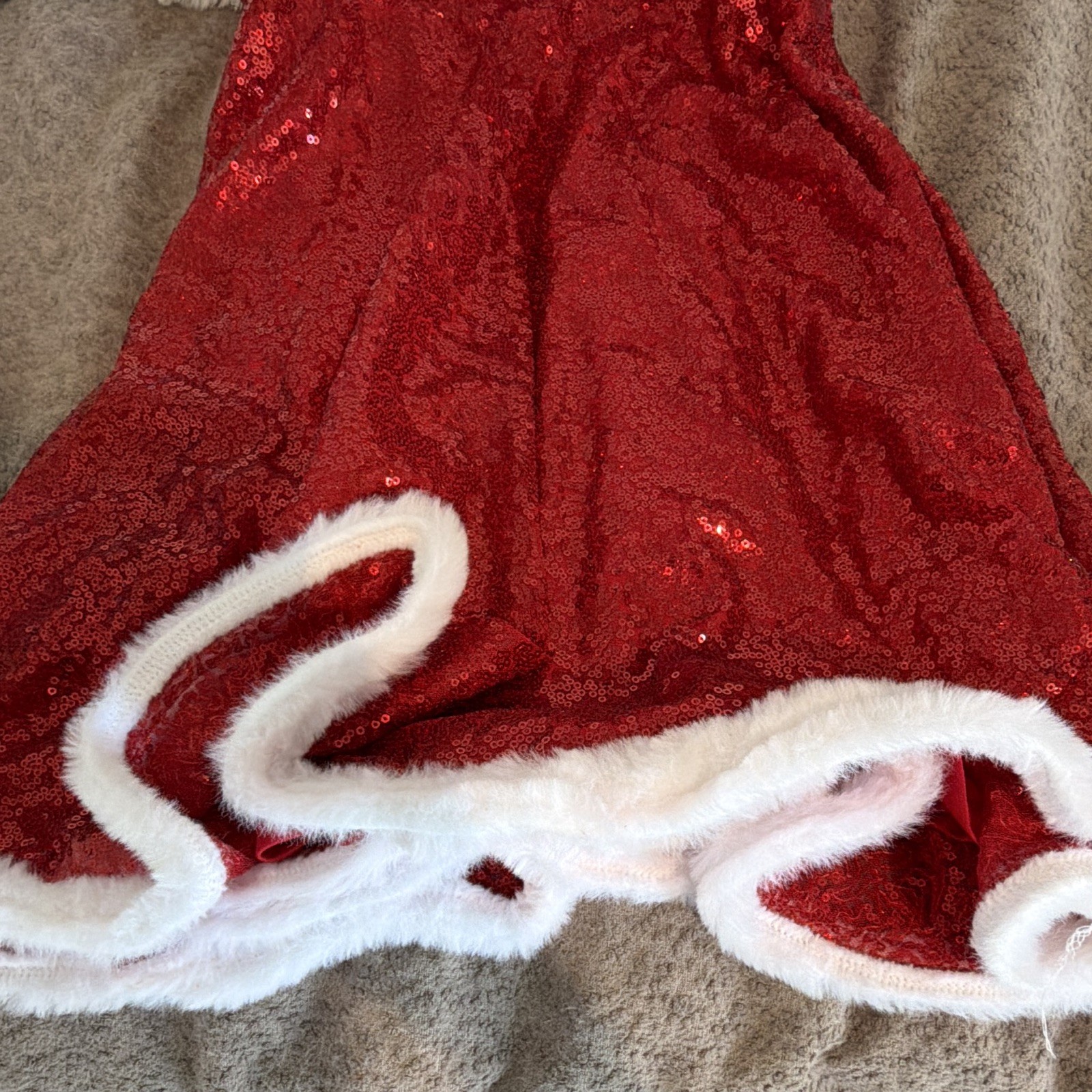 Red Sequin Santa Faux Fur Trim Mini Dress Sweetheart Zip Lined Women’s S