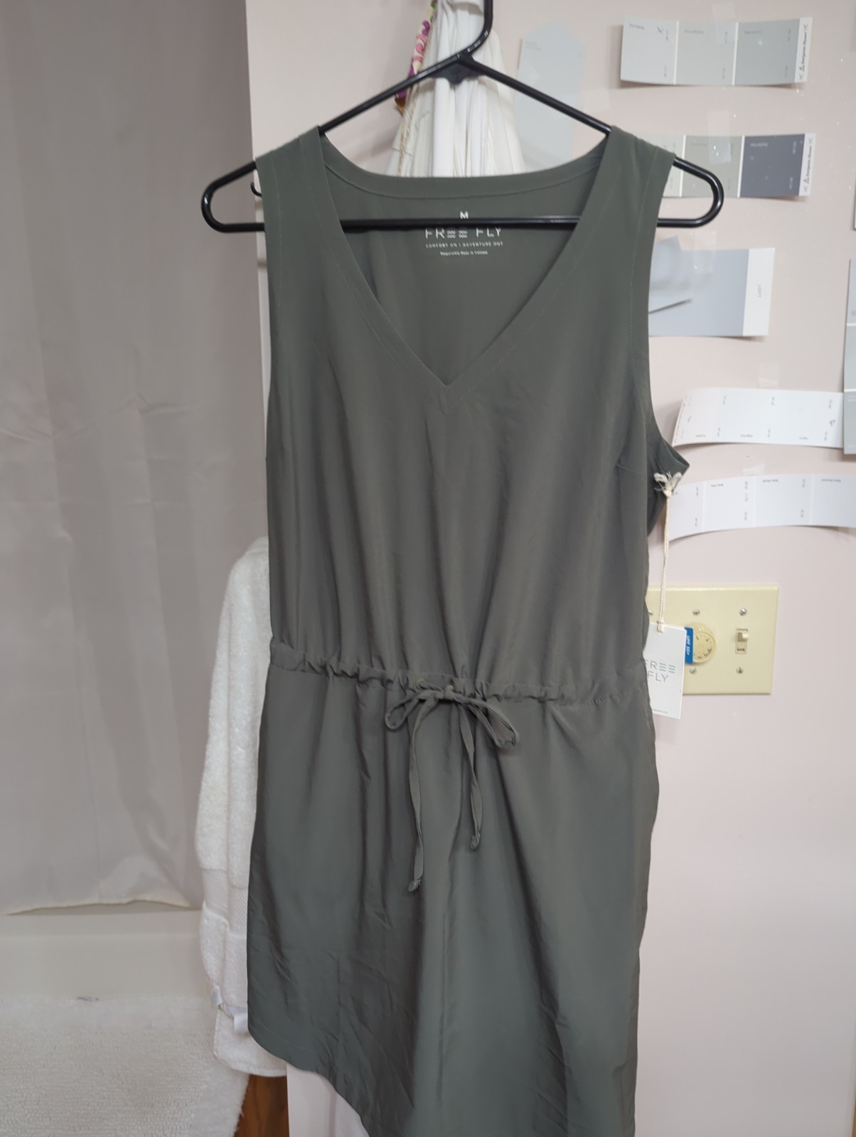 NWT Free Fly Breeze Drawstring Waist Dress Sleeveless V-Neck Medium Smokey Olive