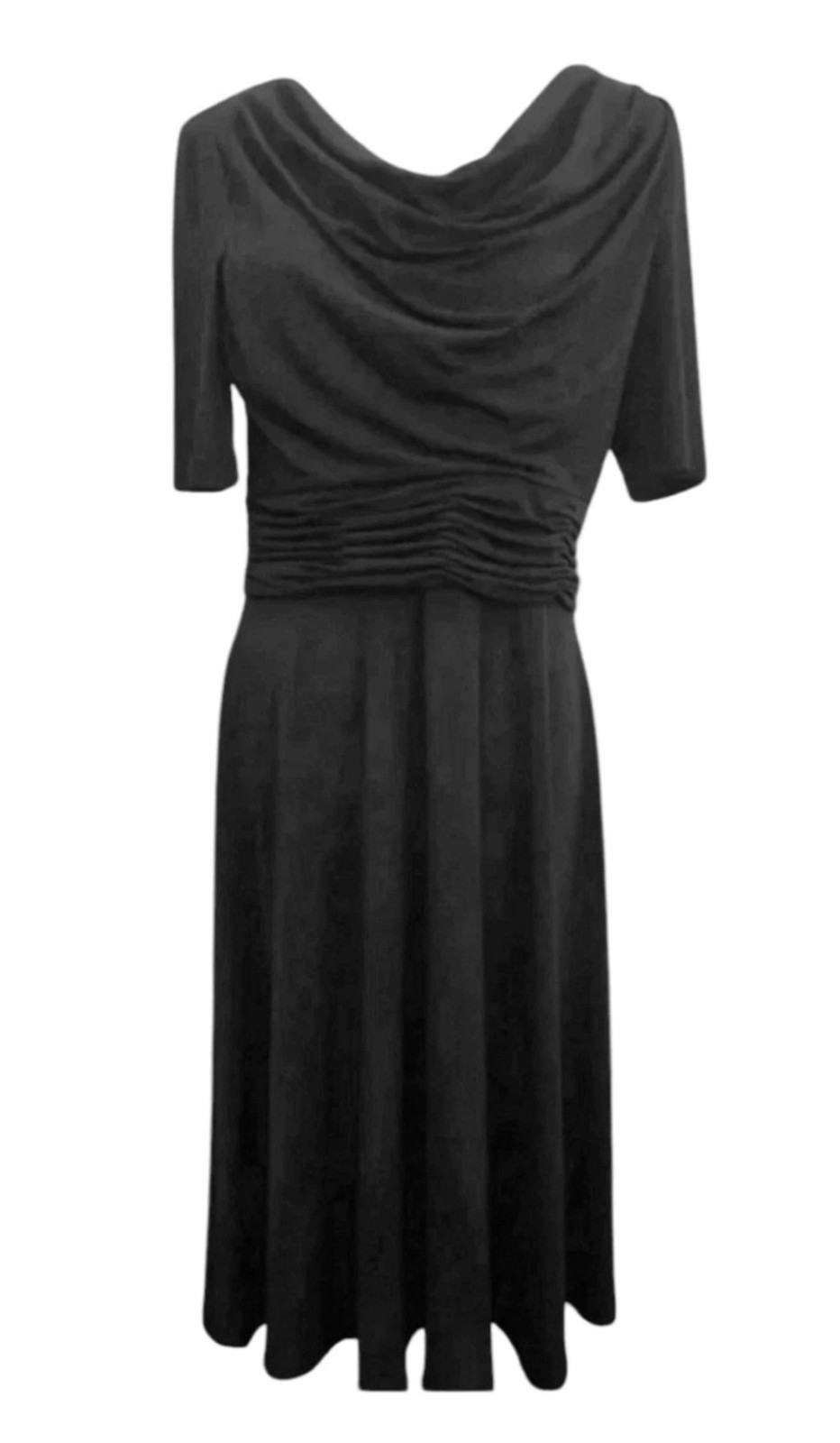 Laura Jeffries Black Drape Neck Dress Size 10 Ruched Waist Short Sleeve