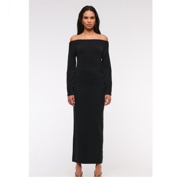 Abercrombie & Fitch Boucle Knit Off-the-Shoulder Ruched Maxi Dress Black LP