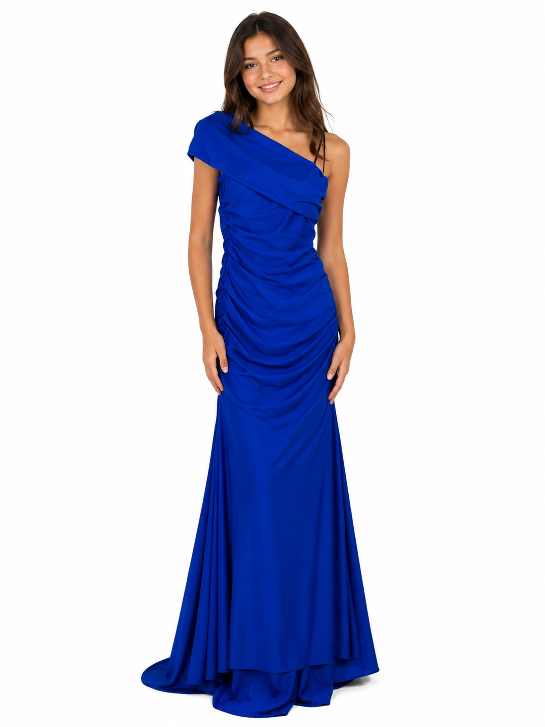 B. Darlin One Shoulder Gown Juniors 11/12 Blue Ruched Mermaid NWOT