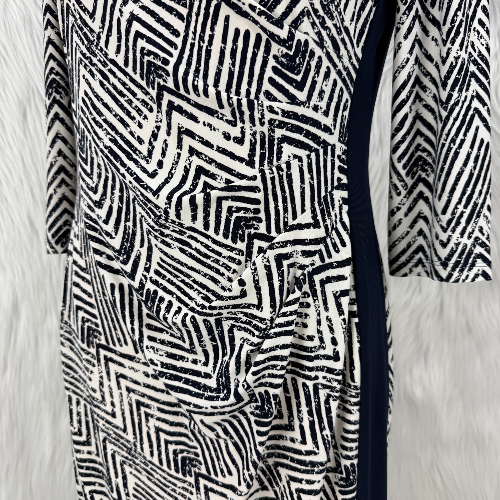 Lauren Ralph Lauren Dress Navy White Sz 10 Geometric Print Ruched 3/4 Sleeve