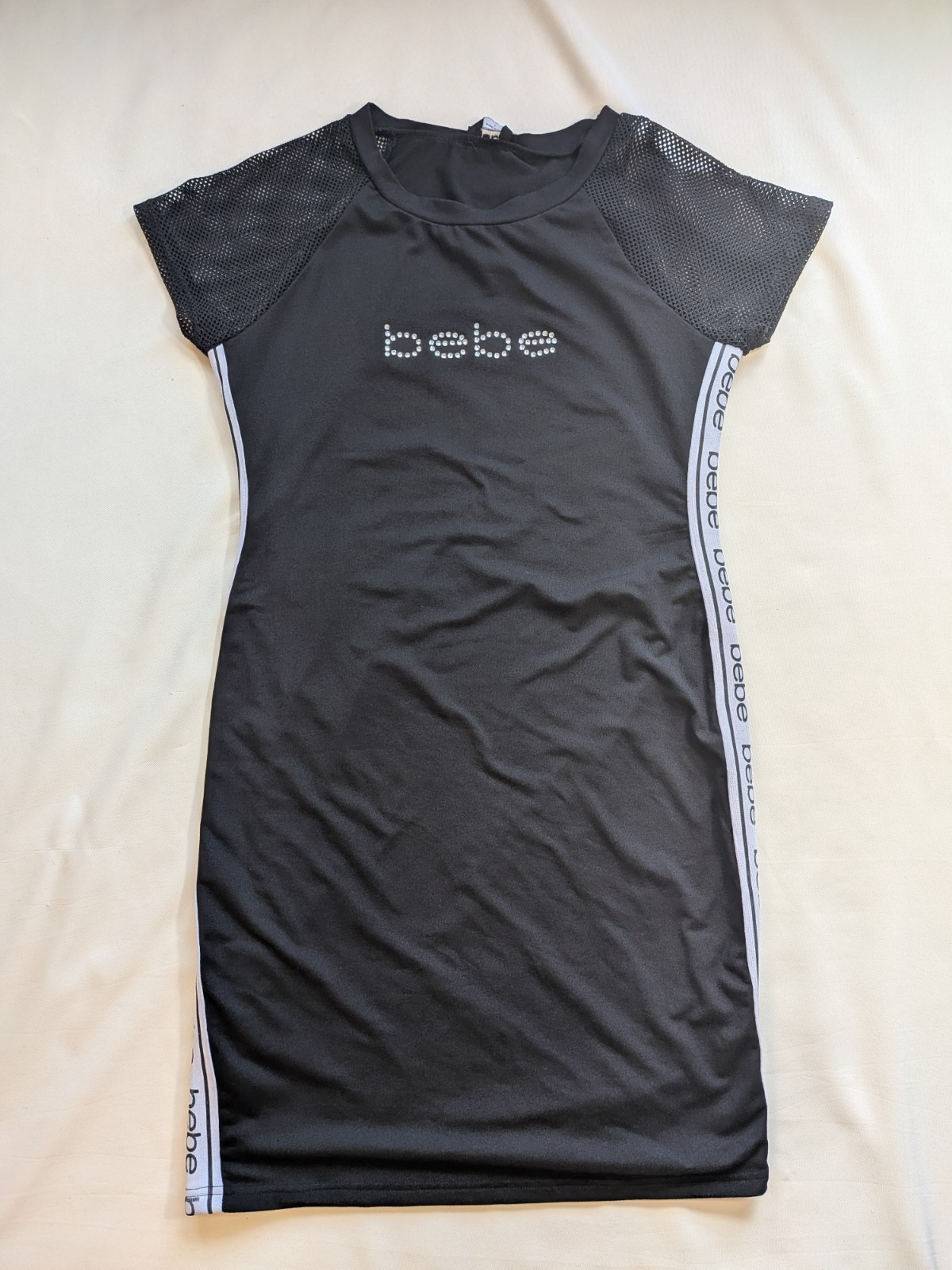 BEBE Rhinestone Logo Dress Black Sporty Mesh Sleeve Bodycon Size L Well Worn