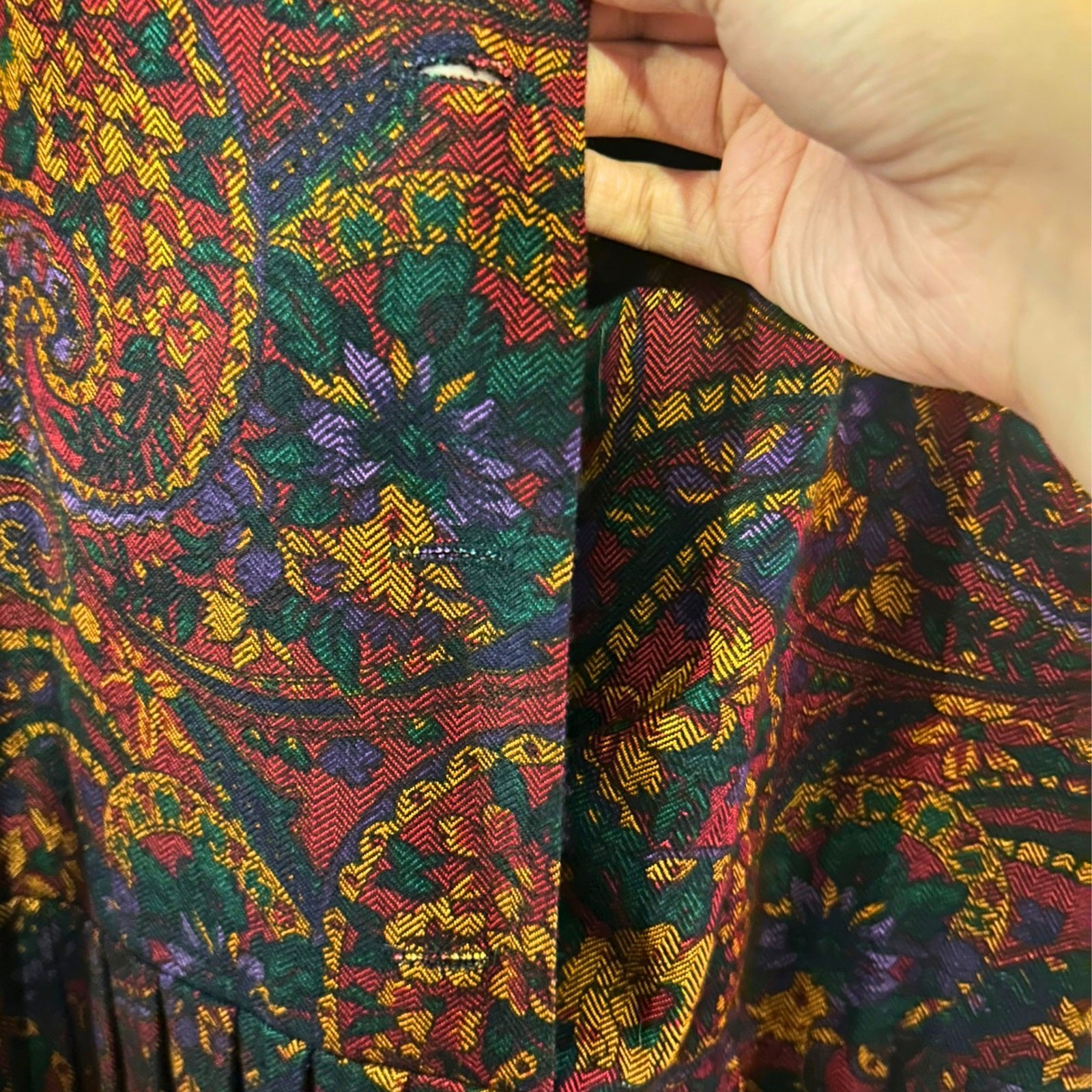 Vintage KC Spencer NWT Paisley Pleated Maxi Dress 12 USA Velvet Trim Rayon