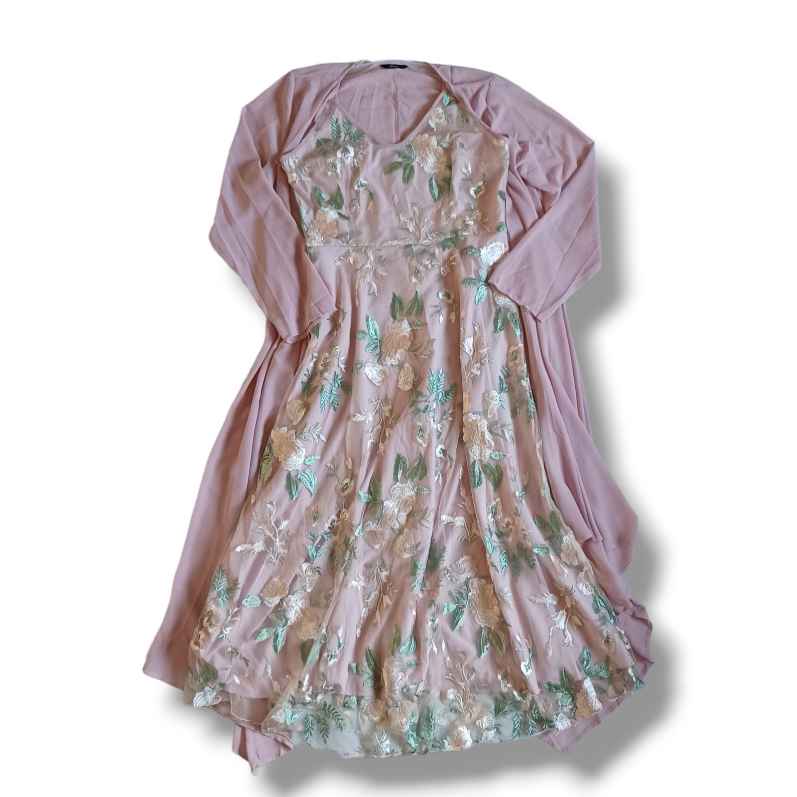 Womens Floral Maxi Dress Set With Cardigan Soft Pink Embroidered Chiffon Size L