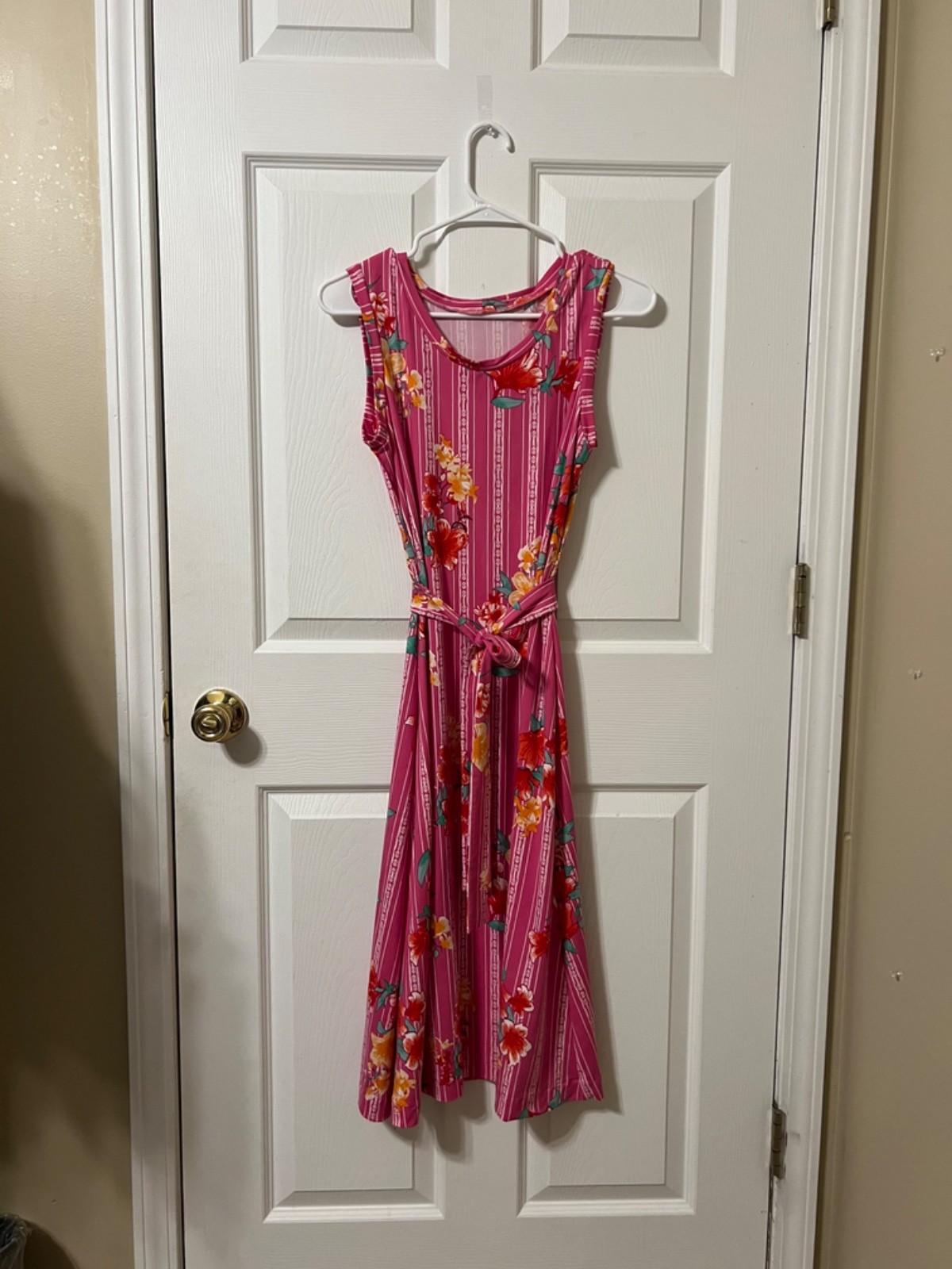 Handmade Women’s Pink Floral Sleeveless Tie Waist Knee Length Dress Size Sm/Md