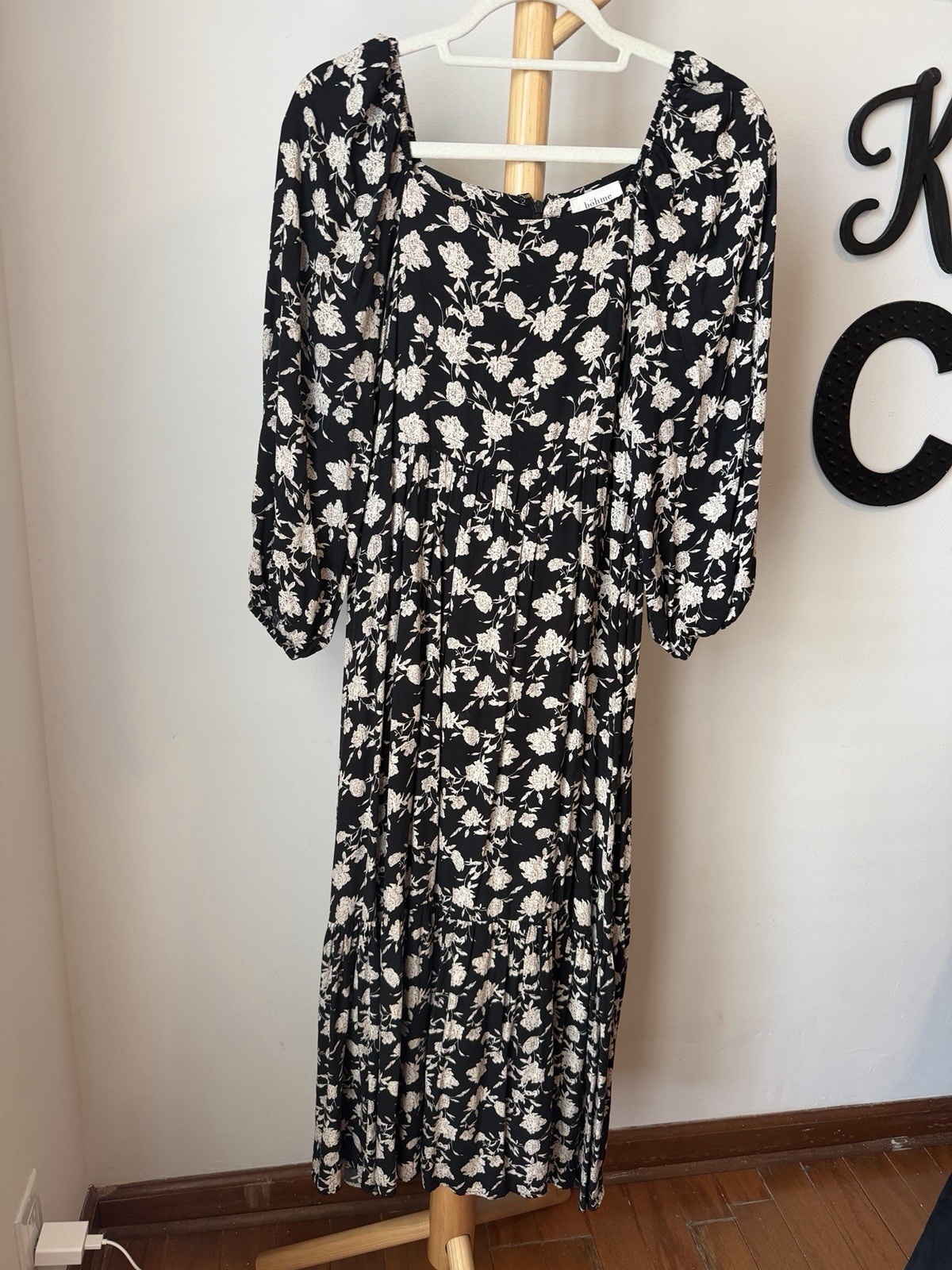 Bohme Bohemian Black Floral Tiered Maxi Dress Size Small Puff Sleeve Cottagecore