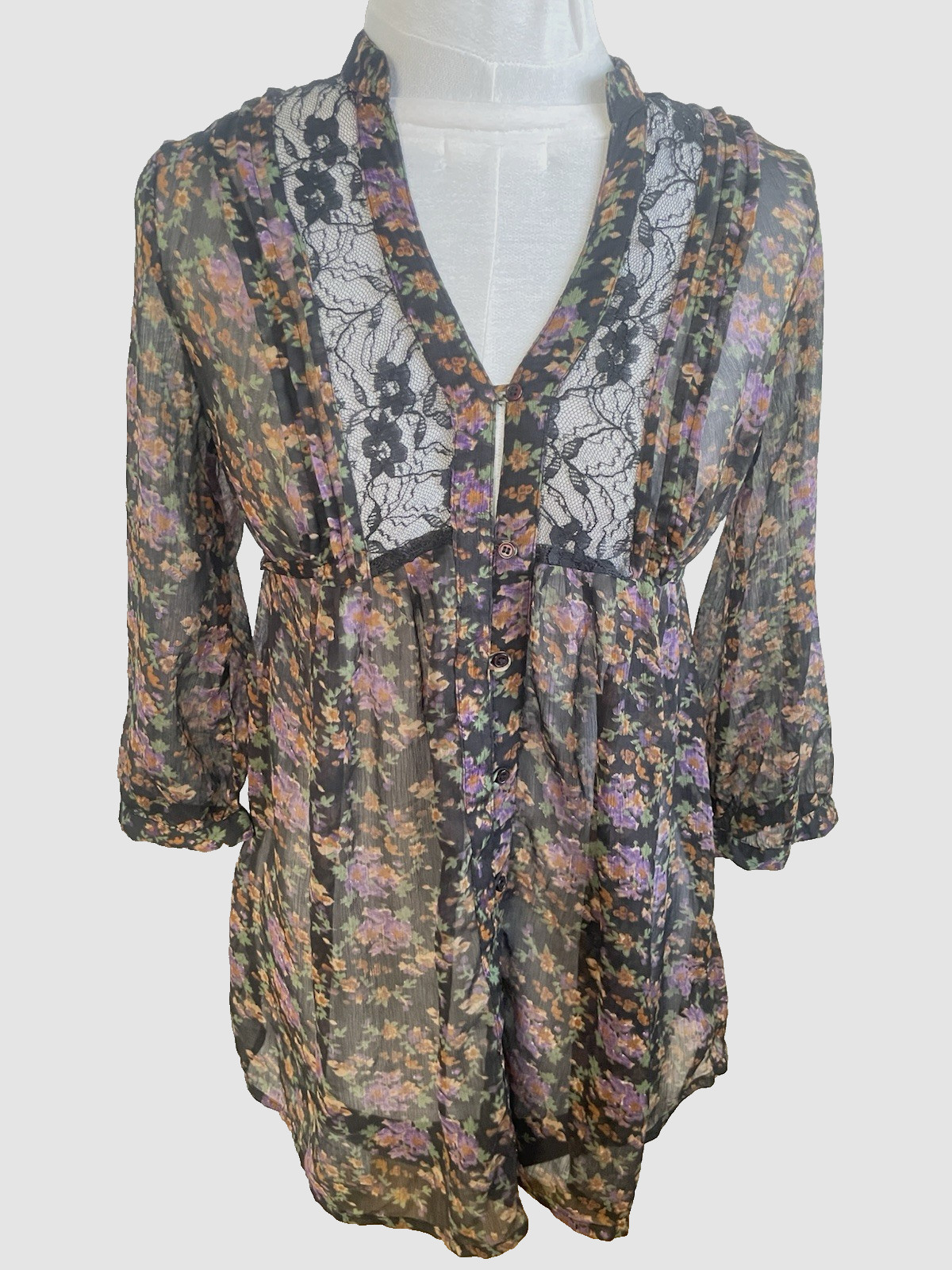 Buckle Daytrip Floral Sheer Tunic Mini Dress V-Neck 3/4 Sleeve