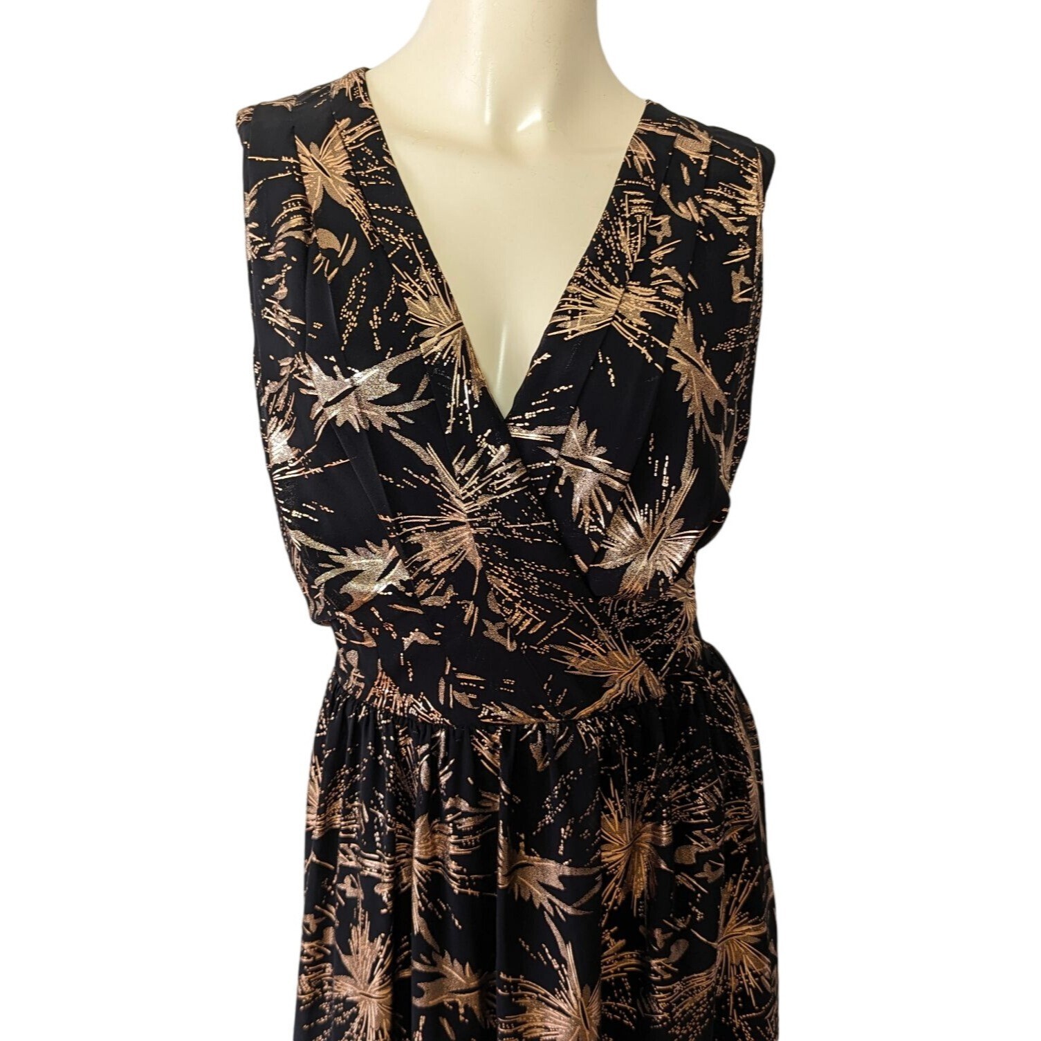 MAIA sleeveless V neck black and rose gold abstract splash print Maxi dress 10