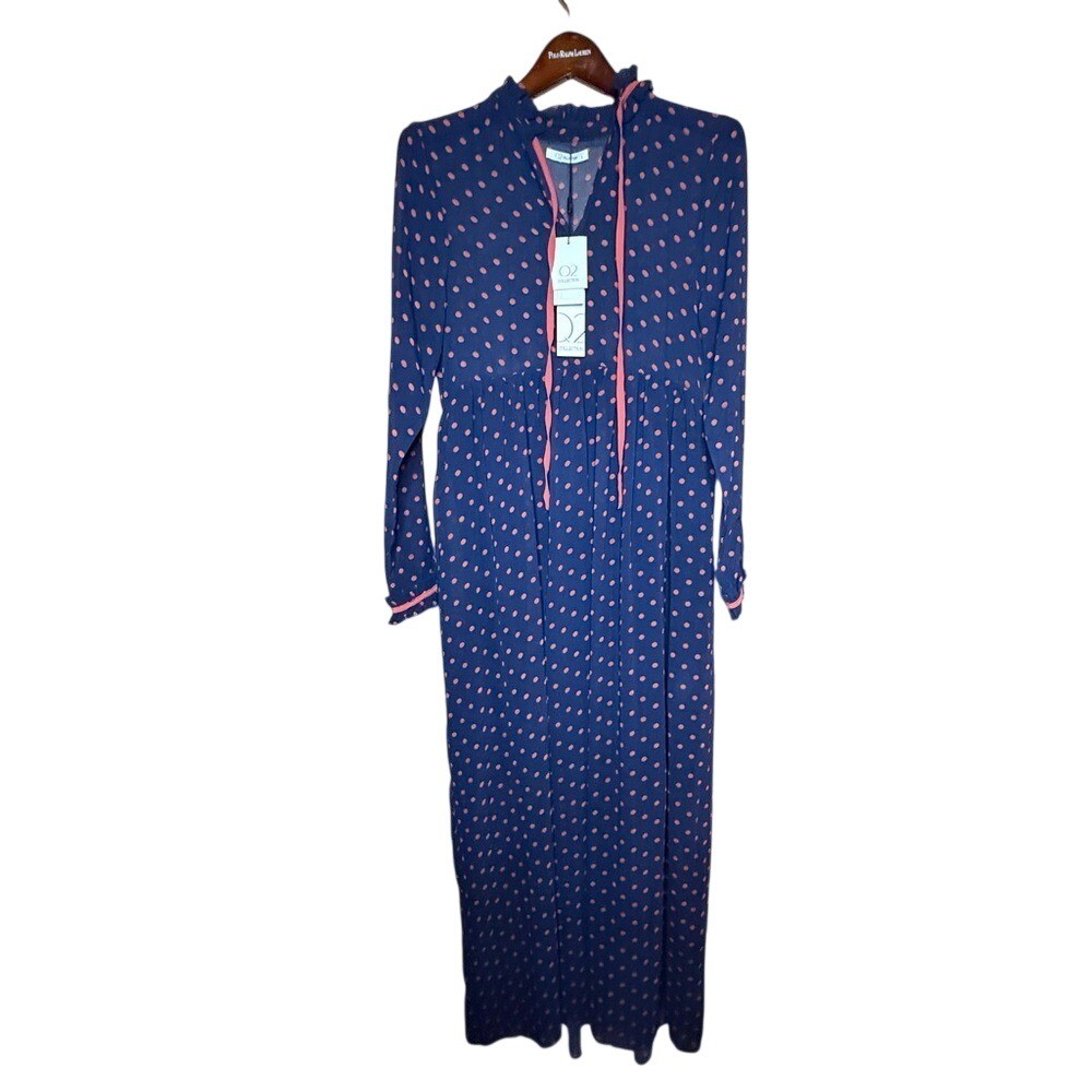 NWT Q2 Collection navy polka dot maxi dress tie neck romantic cottagecore dress