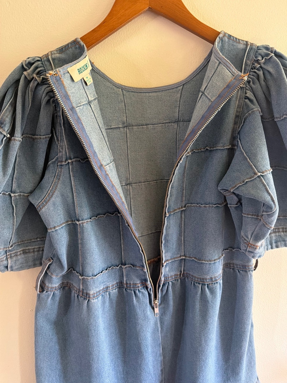 Rockin C Denim Tiered Mini Dress Puff Sleeves Size Medium
