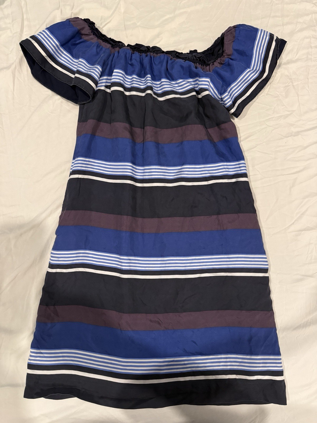 Banana Republic Silk Blue Striped Off the Shoulder Shift Dress Size XS