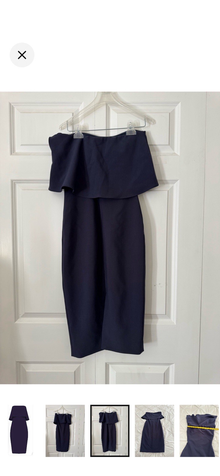 LIKELY Navy Strapless Ruffle Sheath Midi Dress 2 Lined Stretch Zip