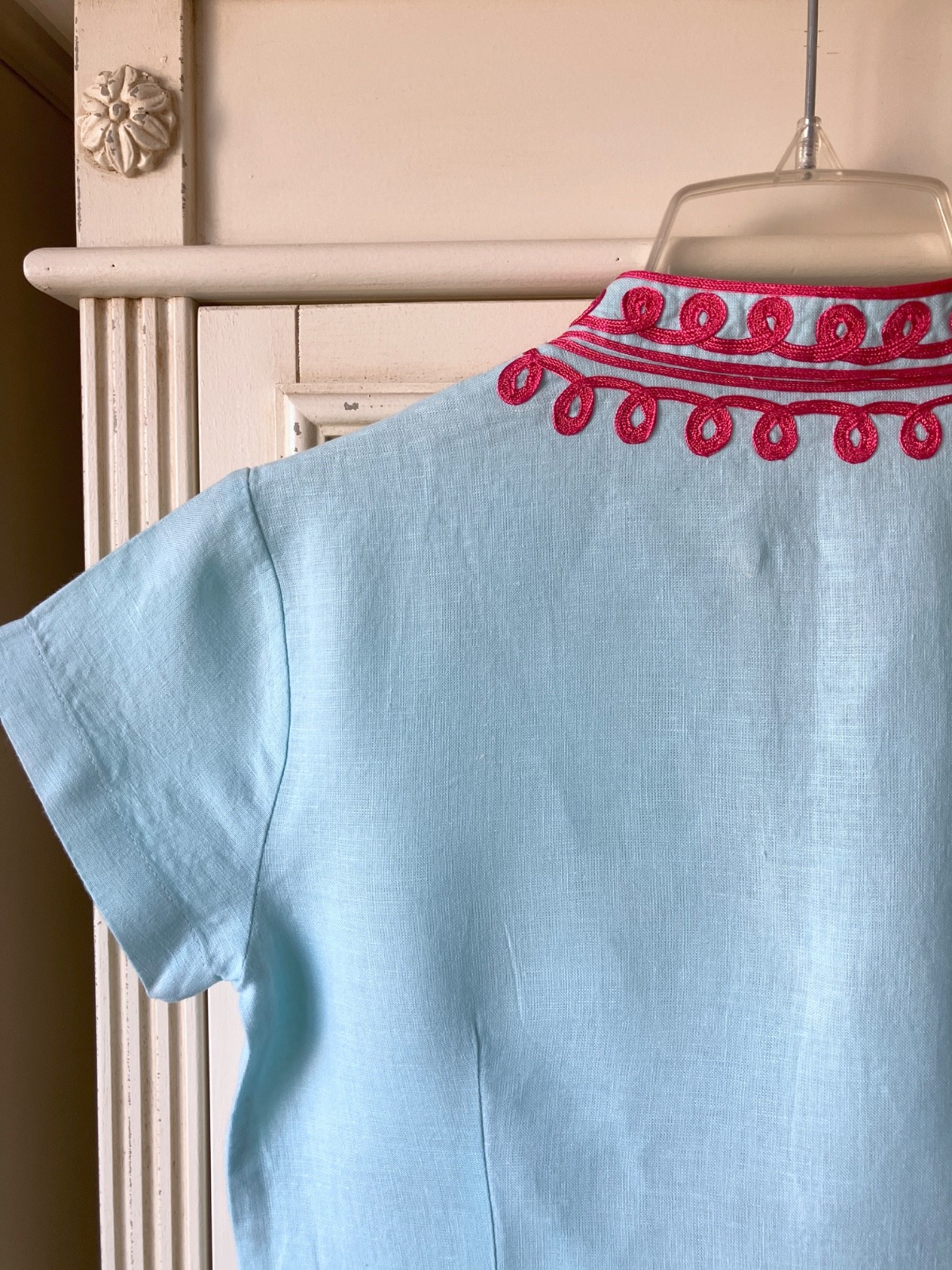 Lily Pulitzer Sky Blue Linen Shift Dress Hot Pink Braided Neck XS–Excel Cond