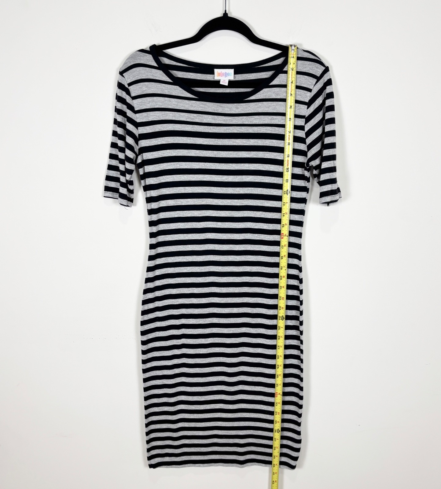 LuLaRoe Julia Form Fitting Knee Length Knit Women’s Dress Black and Gray Stripes