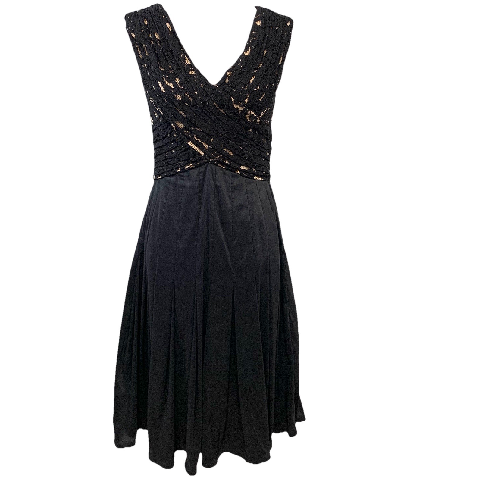 Adrianna Papell Black Lace Cocktail Dress Midi Pleated Taffeta Skirt Sz 10