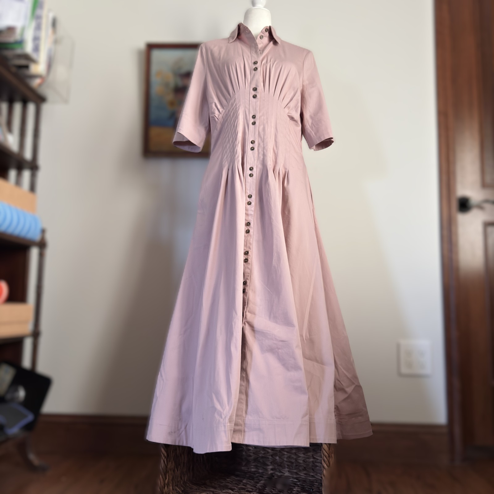 Banana Republic Pink Pintuck Maxi Shirt Dress Fit Flare Cotton Small Minimalist