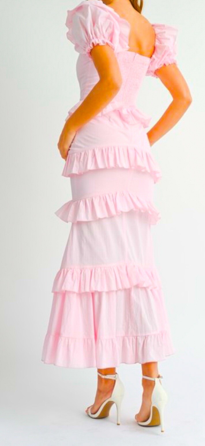 Lovely Cream Pink Puff Sleeve Ruffle Women’s New Maxi dress New S,M,L