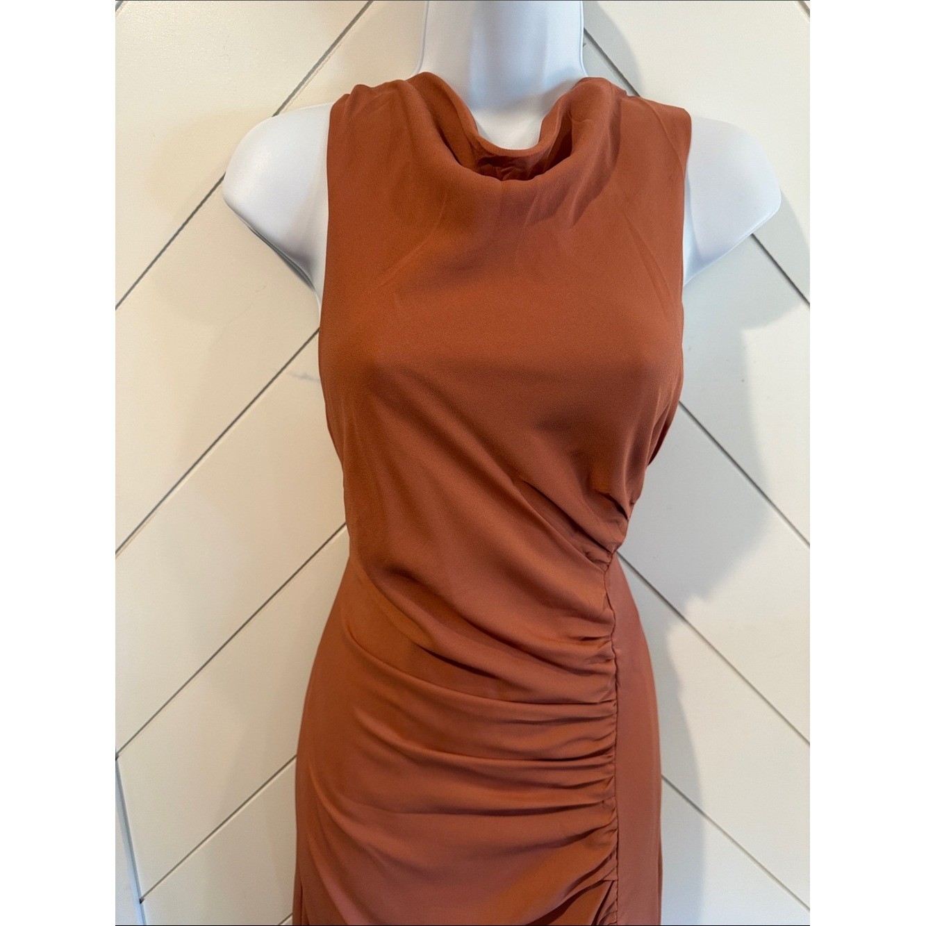 NWT-Mikaila Rusty Rose Cowl Neck Ruched Column Maxi Dress
