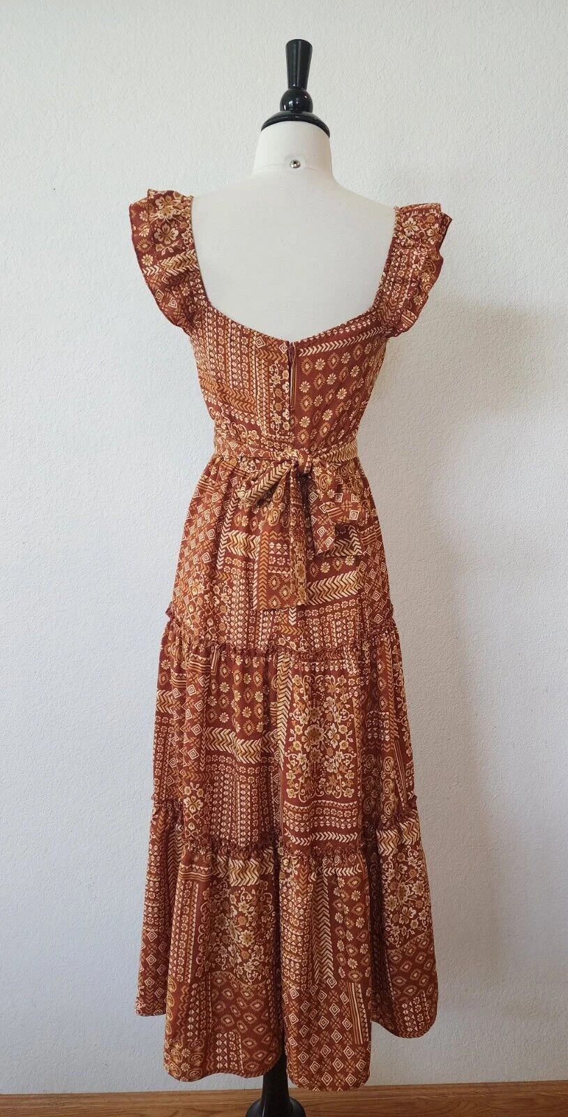 New Anthro Midi Dress New Size Large Bow Brown Romantic Coquette Garden