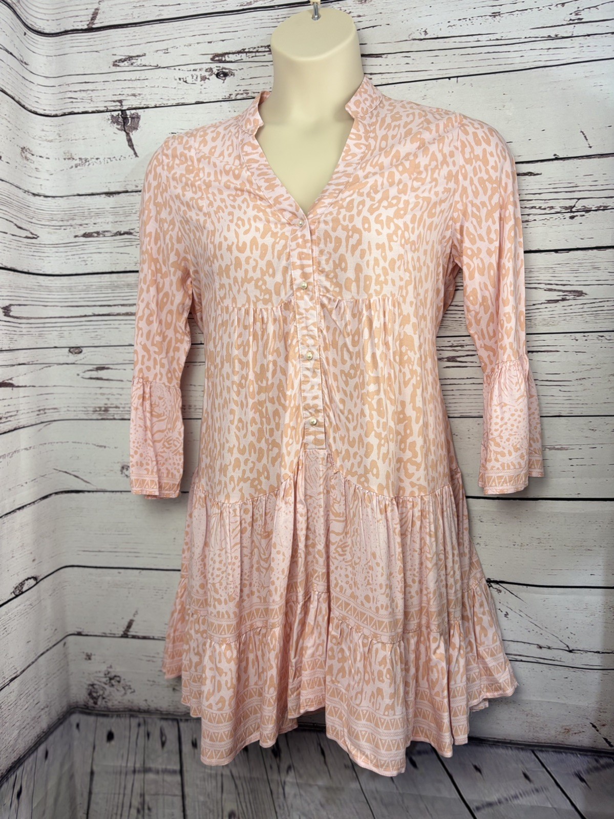 QED London Dress Long Sleeve Peach Animal Print Button UK 20 Summer Holiday