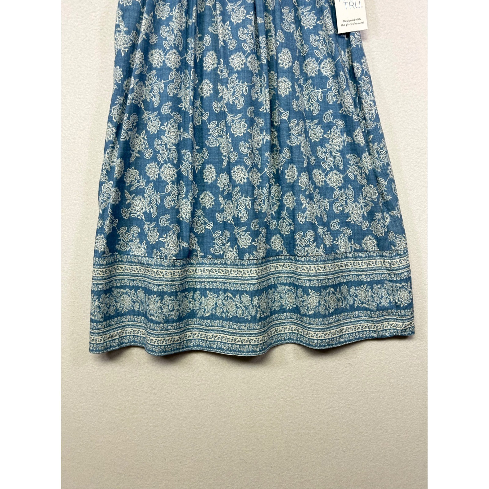 Boho Cottagecore Time and Tru Women XS Blue Floral Cap Sleeve Pocket Shift Dress