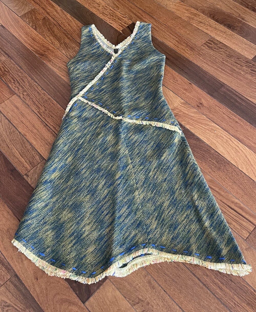 CACHAREL Unbalanced Wool Tweed Dress with Frayed Trim, Green-Blue, Size 40/Small