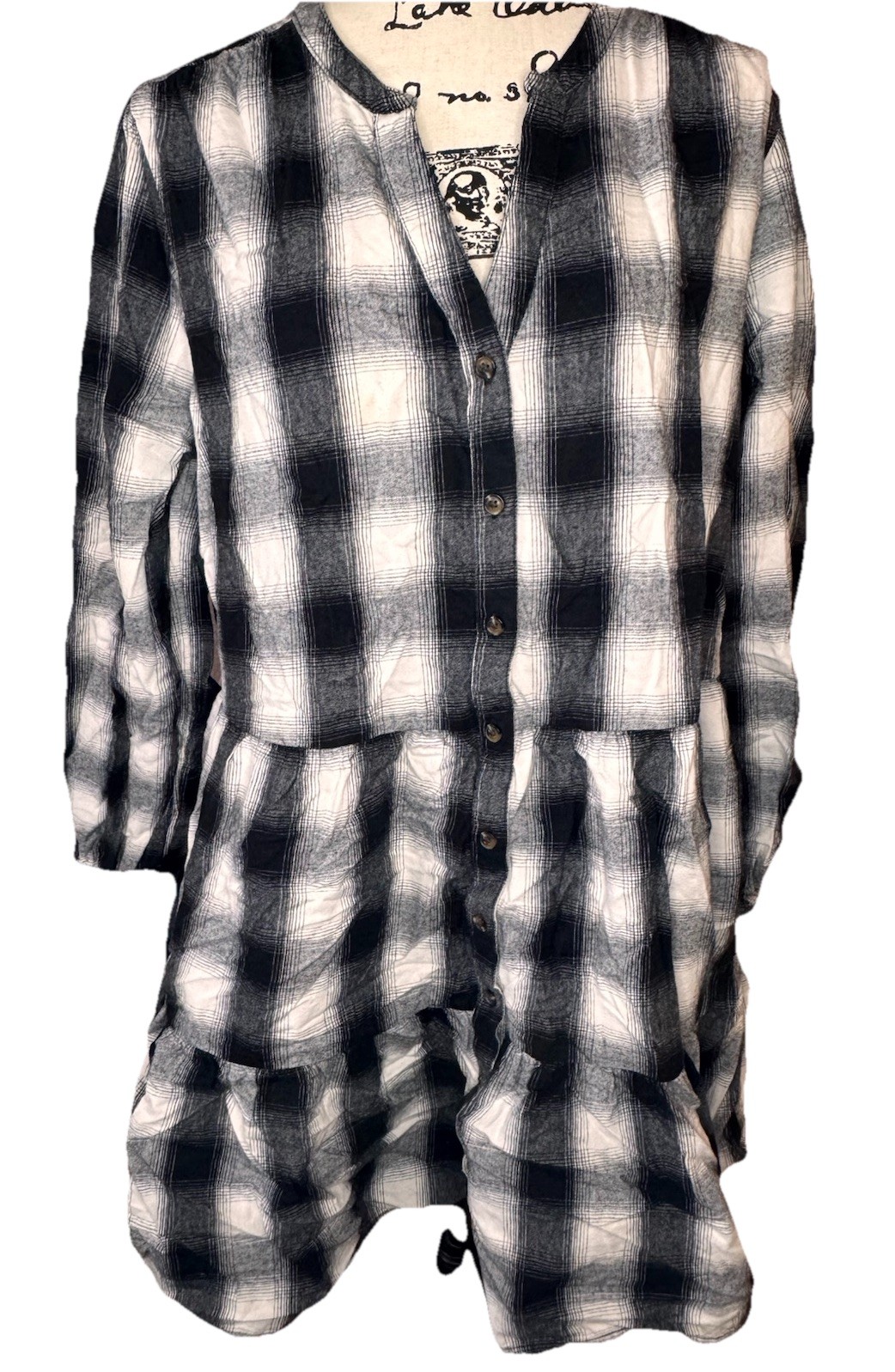 Time and Tru Tiered Plaid Shirtdress Puff Sleeves Whit Black Plaid XXXL 22 Plus