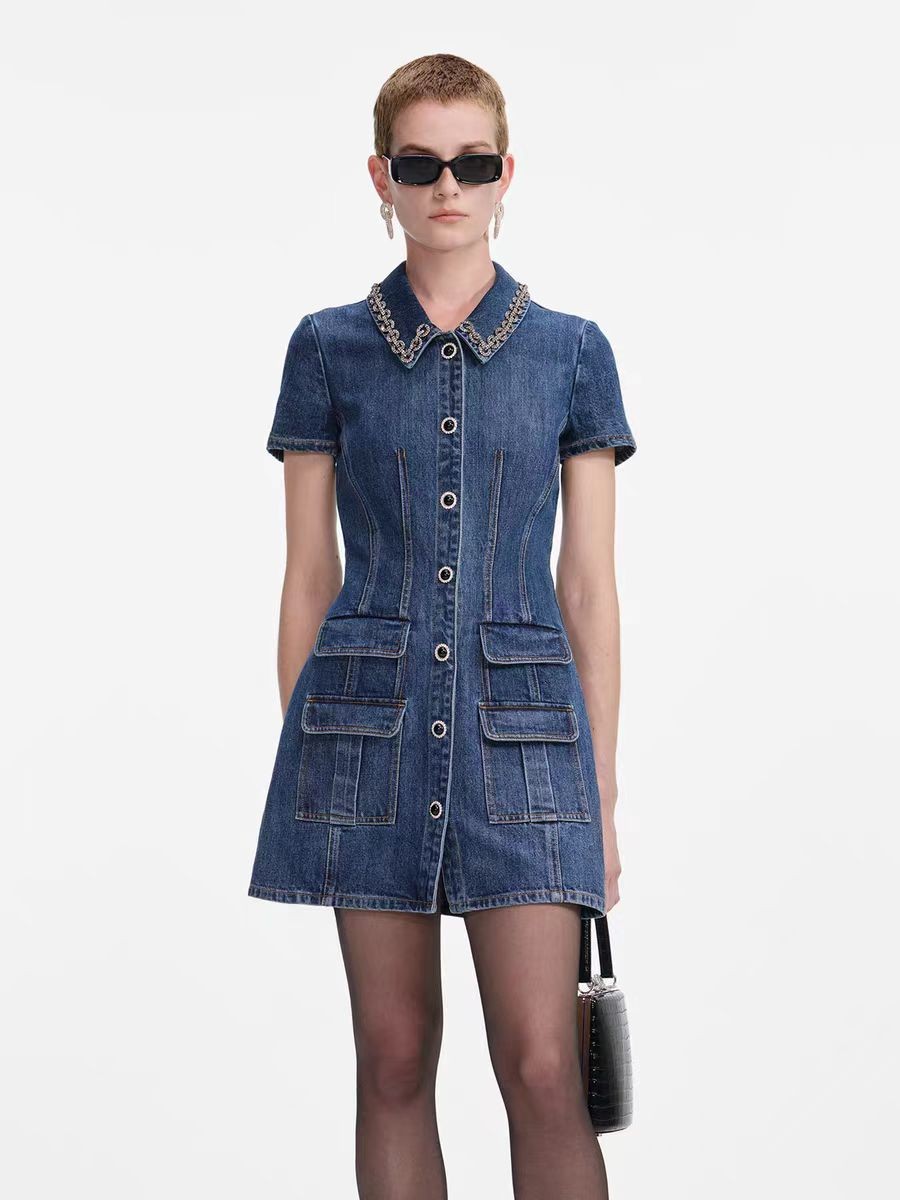Self-Portrait Flip collar Diamond setting Single-row buckle Denim Dresses